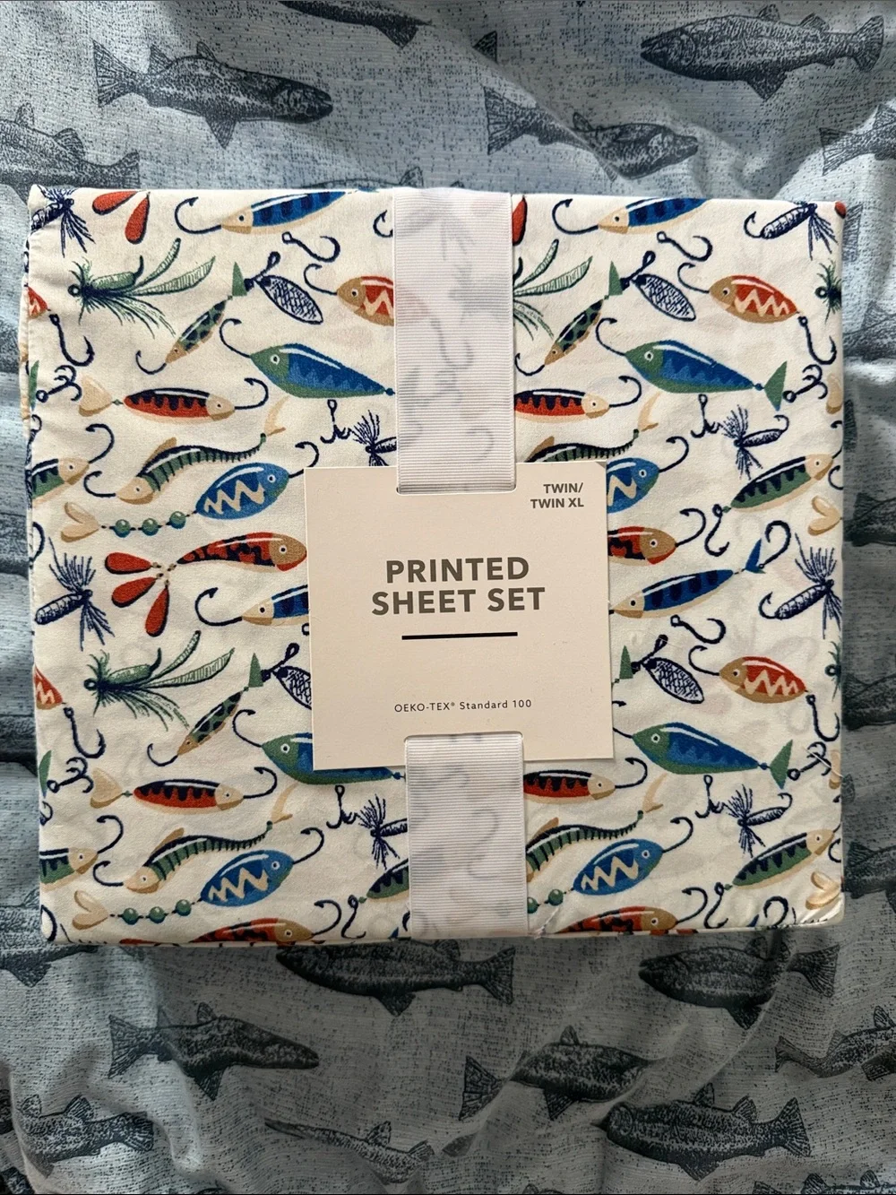 Fishing Lures Sheet Set - Creme with Blue, Green, Orange, Gold Accents